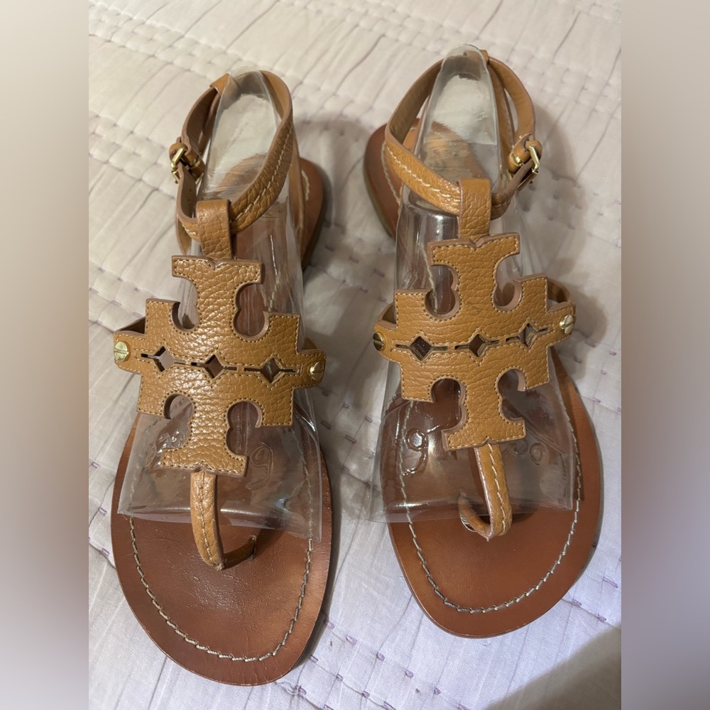 Tory Burch Chandler Flat Brown Leather Sandal Size 9 - Picture 2 of 15